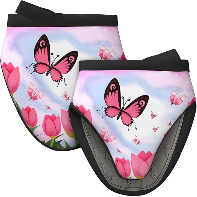 2 Pcs Mini Silicone Oven Mitts Mother's Day Tulips Heat Resistant Grill Gloves with Hanging Loop, Pink Butterflies Little Kitchen Mittens for Cooking Baking BBQ
