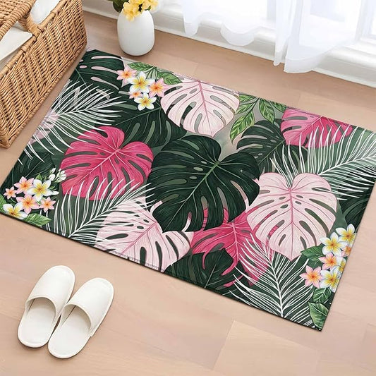 Area Rug 2x3ft, Summer Watercolor Pink Green Leaf Washable Rugs for Living Room Bedroom, Tropical Flower Leaves Plant Soft Non-Slip Area Rugs Rectangle Floor Carpet for Dining Room