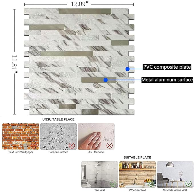 10-Sheet Peel and Stick Backsplash Tile, PVC Mixed Metal Stick on Kitchen, Bathroom Vanities, Fireplace Décor, Laundry Table(White Marble + Silver-2)