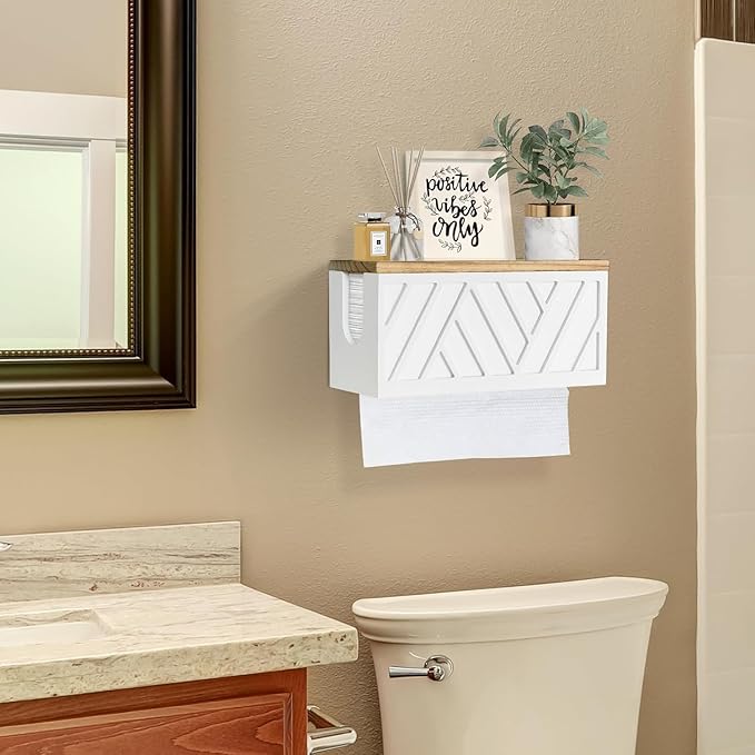 Paper Towel Dispenser Wood Without Drilling, Smooth Surface Without Burr, Weight 500 g, Ideal for Bathroom and Kitchen in Home and Commercial (White)
