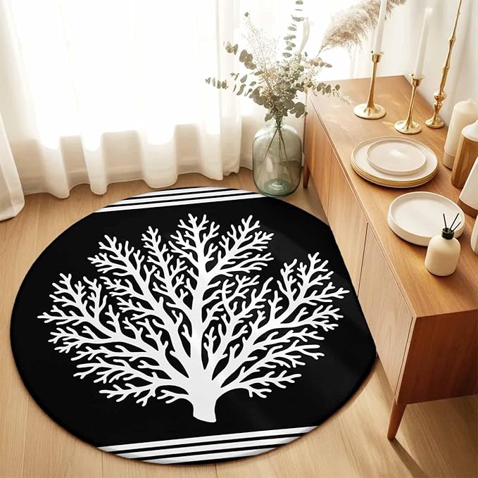 Washable Round Area Rug Coastal Coral Reef Texture Circle Rugs Floor Carpet for Living Room Bedroom, Ocean Theme Black White Soft Non Slip Round Rug 5ft
