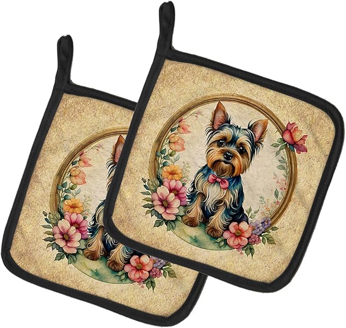 Caroline's Treasures Yorkshire Terrier and Flowers Pair of Pot Holders Kitchen Heat Resistant Pot Holders Sets Oven Hot Pads for Cooking Baking BBQ, 7 1/2 x 7 1/2