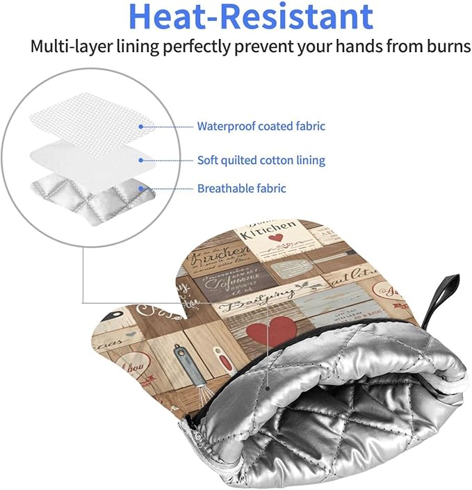 Farmhouse Splicing Wood Grain Oven Mitts of 2-Pack Set, Funny Kitchen Gloves Heat Resistant Non-Slip Kitchen Mitts for Cooking Baking Grillingf