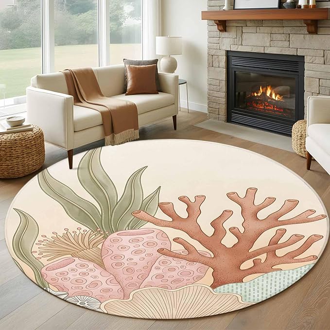 Washable Round Area Rug Ocean Coral Seaweed Shell Reef Circle Rugs Floor Carpet for Living Room Bedroom, Watercolor Marine Theme Soft Non Slip Round Rug 5ft