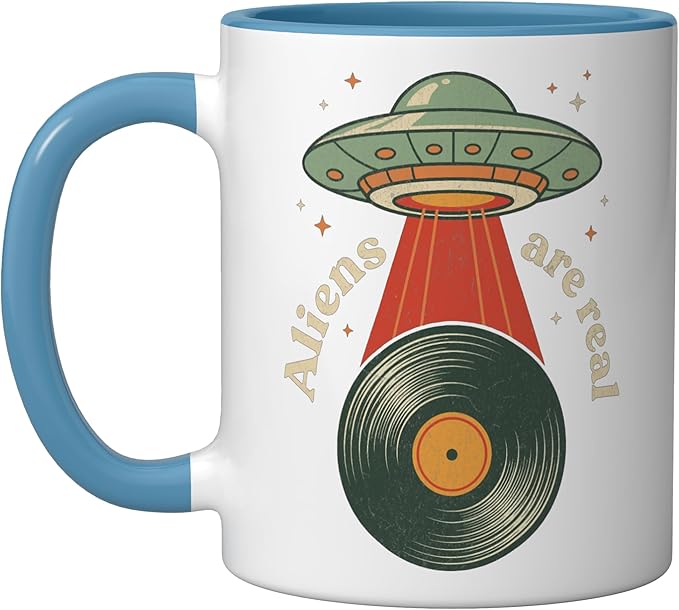 Vintage UFO Abduction Vinyl Record Player Retro Music Lover Ceramic Mug, Blue/White