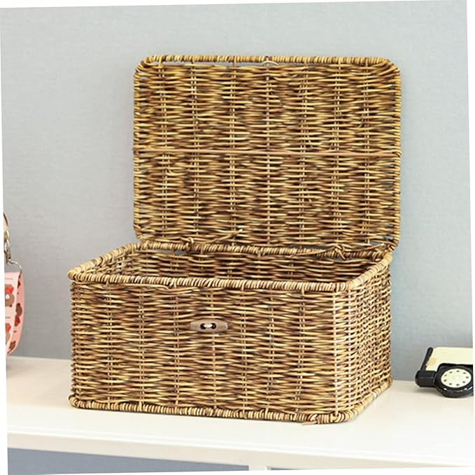FRCOLOR Imitation Rattan Storage Box with Lid Woven Organizing Sundry Box for Bedroom Bathroom Living Office Neat Orderly Accessory Storage