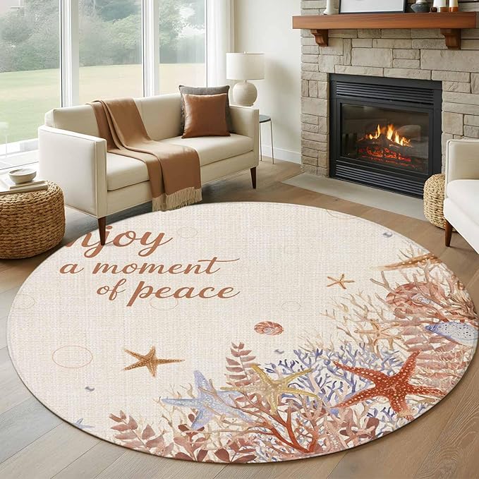 Washable Round Area Rug Orange Marine Starfish Coral Seaweed Circle Rugs Floor Carpet for Living Room Bedroom, Peace Quote on Linen Soft Non Slip Round Rug 5ft