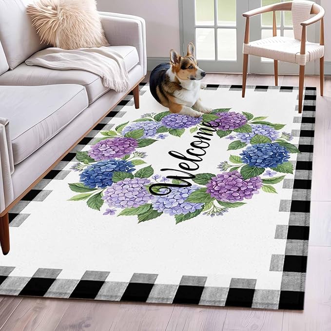 Area Rug 3x5ft, Summer Hydrangea Leaf Washable Rugs for Living Room Bedroom, Purple Blue Flower Buffalo Check Soft Non-Slip Area Rugs Rectangle Floor Carpet for Dining Room