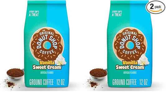 The Original Donut Shop Coffee, Vanilla Sweet Cream, Medium Roast, Flavored Ground Coffee, 12 oz Bag (Pack of 2)