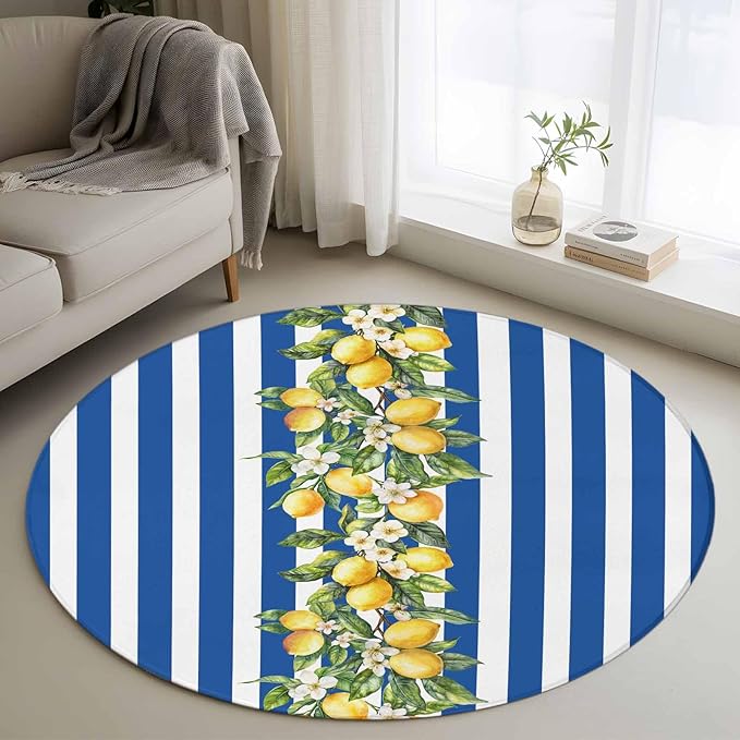 Washable Round Area Rug Summer Lemon Green Leaves Watercolor Circle Rugs Floor Carpet for Living Room Bedroom, Blue Stripe Soft Non Slip Round Rug 3ft