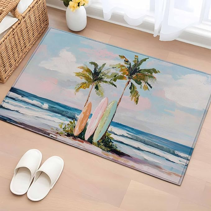 Area Rug 2x3ft, Summer Blue Ocean Surfboard Washable Rugs for Living Room Bedroom, Tropical Plant Palm Tree Soft Non-Slip Area Rugs Rectangle Floor Carpet for Dining Room