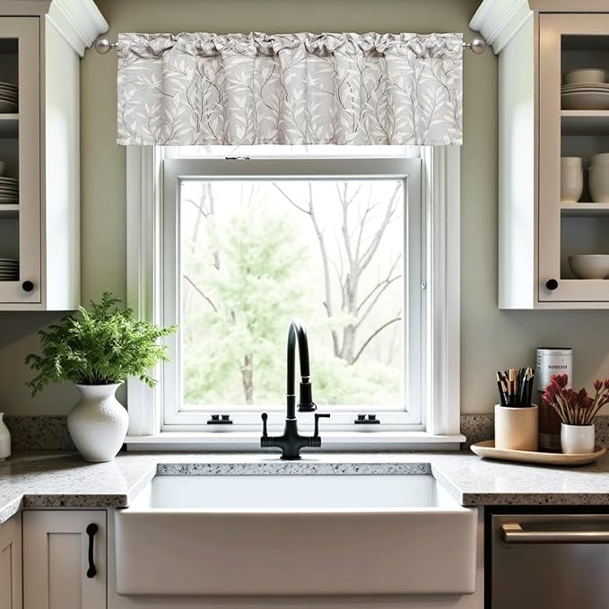 VOGOL Grey Valances for Windows, Lovely Leaf Print Window Treatment Rod Pocket Bathroom Valances for Small Windows, 52 x 12, One Panel