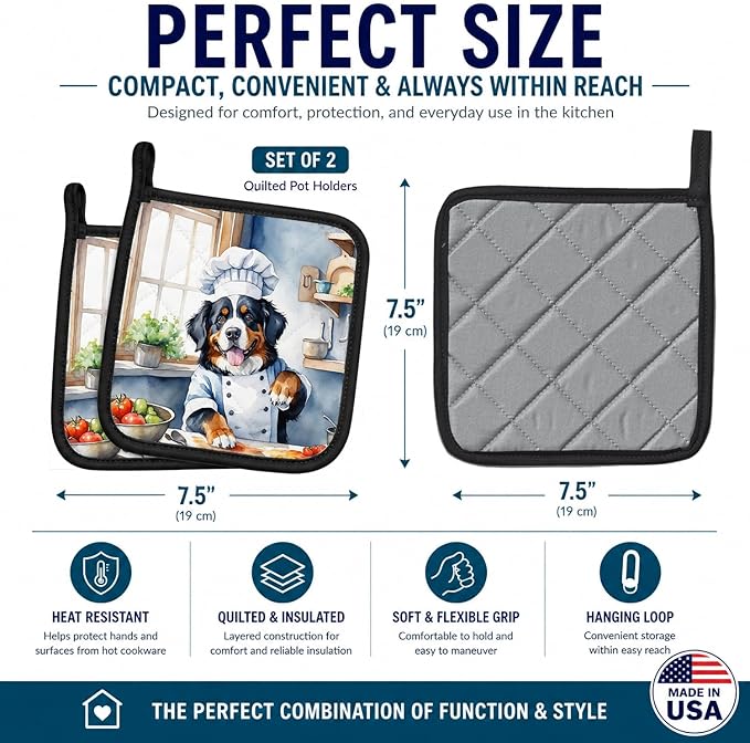 Caroline's Treasures Bernese Mountain Dog The Chef Pair of Pot Holders Kitchen Heat Resistant Pot Holders Sets Oven Hot Pads for Cooking Baking BBQ, 7 1/2 x 7 1/2