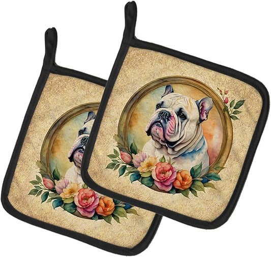 Caroline's Treasures English Bulldog and Flowers Pair of Pot Holders Kitchen Heat Resistant Pot Holders Sets Oven Hot Pads for Cooking Baking BBQ, 7 1/2 x 7 1/2