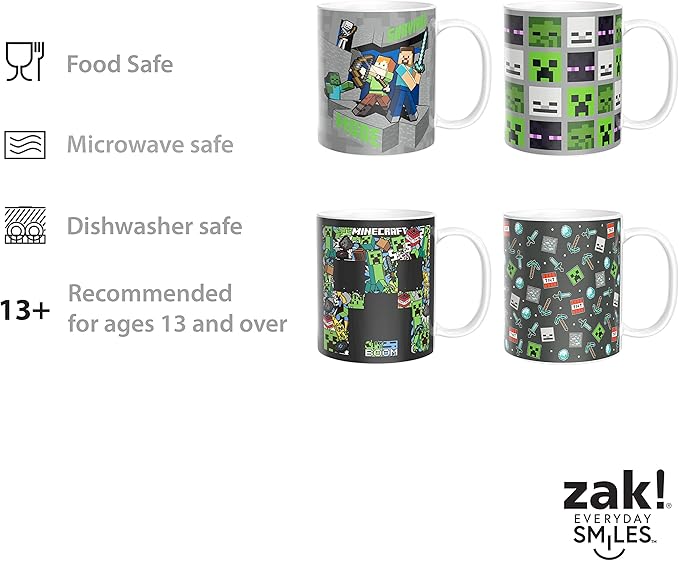 Zak Designs Minecraft Mug Unique Ceramic Coffee Cup Set, Can Coffee Mugs with Comfortable Handle for Gamer Gifts, Dishwasher and Microwave Safe (11.5 oz, 4-Piece Set)