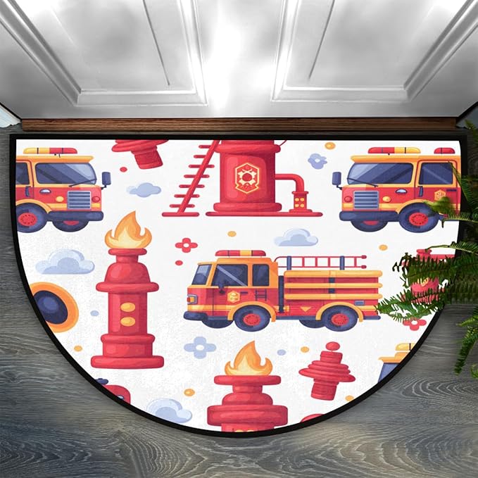 Firefighter Equipment Tools Half-Round Door Mat | Indoor Entrance Half-Moon Rug | Low-Pile | Area Rug, Non-Slip, Absorbent Semi-Circle Welcome Mats for Kitchen, Patio, and Home Decor | 36x24 Inches