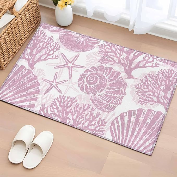 Area Rug 2x3ft, Watercolor Summer Marine Creature Washable Rugs for Living Room Bedroom, Pink Starfish Shell Conch Soft Non-Slip Area Rugs Rectangle Floor Carpet for Dining Room