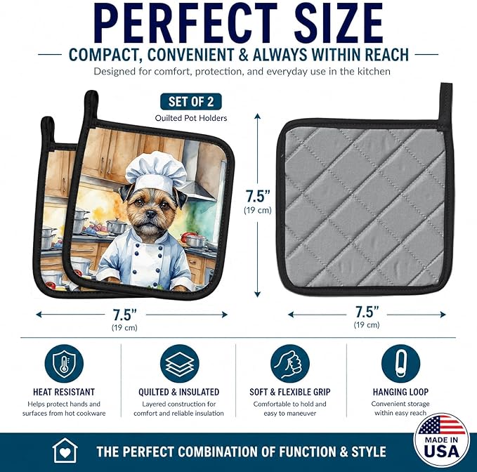 Caroline's Treasures Border Terrier The Chef Pair of Pot Holders Kitchen Heat Resistant Pot Holders Sets Oven Hot Pads for Cooking Baking BBQ, 7 1/2 x 7 1/2