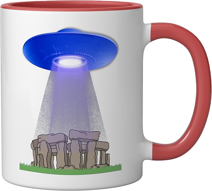 Funny UFO Stonehenge mystery stone circle flying saucer Ceramic Mug, Red/White