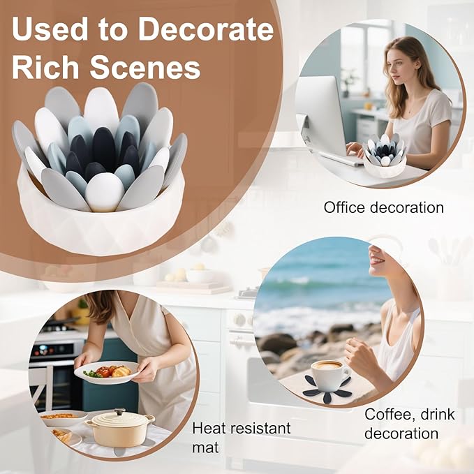 Silicone Succulent Cup Coasters Set of 4, Colorful Trivet Mats, Hot Pads for Pots Pans, Foldable Heat Resistant Coasters with Holder, Multipurpose Kitchen Table Protection (Grey White Navy Blue Blue)