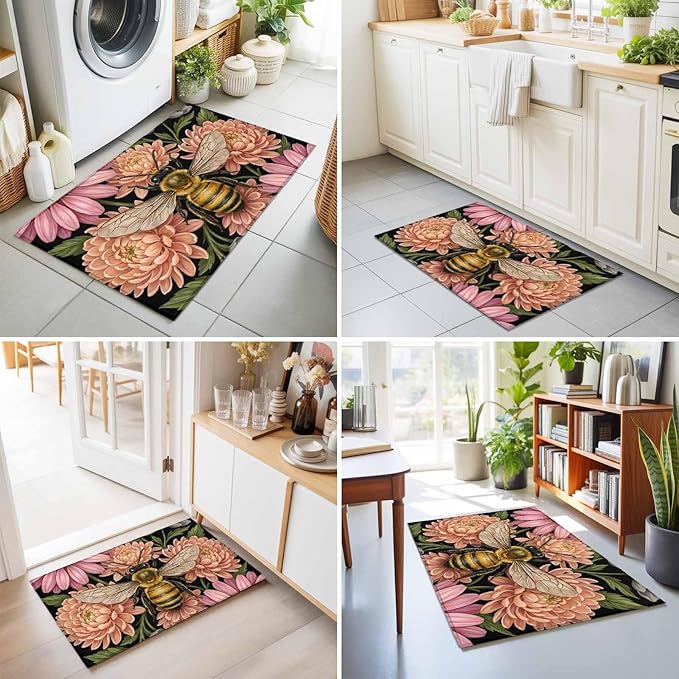 Area Rug 2x3ft, Vintage Honey Gold Bee Pink Flowers Washable Rugs for Living Room Bedroom, Sage Green Leaves Soft Non-Slip Area Rugs Rectangle Floor Carpet for Dining Room