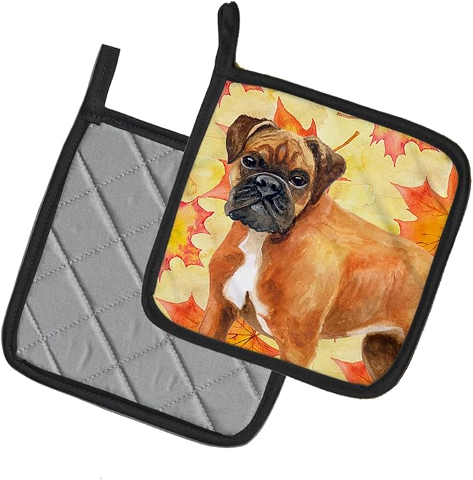 Caroline's Treasures BB9901PTHD German Boxer Fall Pair of Pot Holders, Yellow Kitchen Heat Resistant Pot Holders Sets Oven Hot Pads for Cooking Baking BBQ, 7 1/2 x 7 1/2