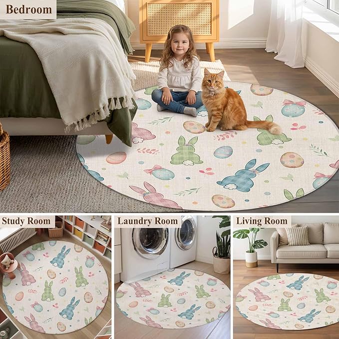 Washable Round Area Rug Happy Easter Cute Plaid Bunny Circle Rugs Floor Carpet for Living Room Bedroom, Colorful Egg Leaves Farm Linen Soft Non Slip Round Rug 3ft