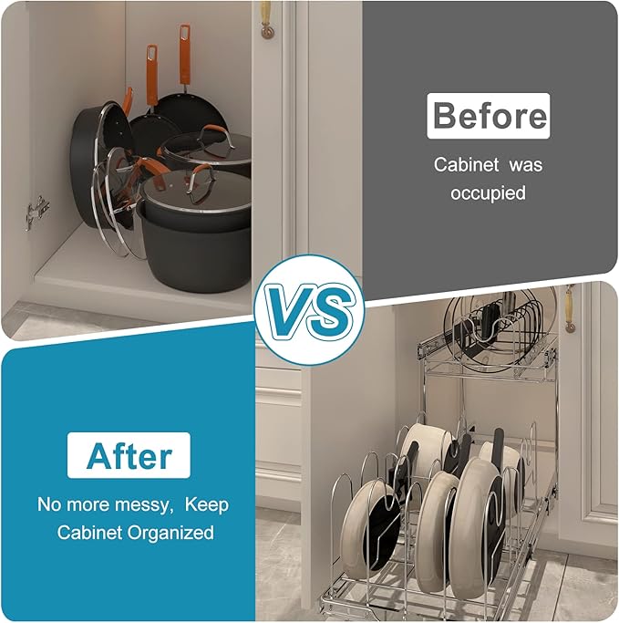 TQVAI Pots and Pans Organizer, Full-Extension Pull Out Cabinet Organizer, Slide Out Drawers for Kitchen Cabinets with Adjustable Dividers, Request at Least 15.5" W x 23.5" D x 23.5" H Opening - Chrome