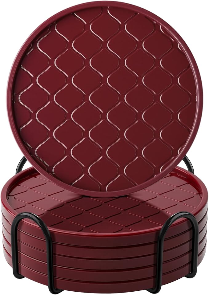 Coasters Set of 6,Hot or Cold Drink Coasters with Holder,Modern Style Coffee Table Coaster,Suitable for Kinds Cups Beer,Drink,Anti-Overflow Tabletop Protection(Wine red, 6pcs)
