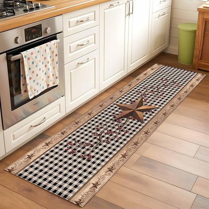 Brown Texas Star Retro 2x6 Kitchen Runner Rug, Country Star Non-Skid Rubber Backing Large Rectangle Rugs - Living Room Bedroom Home Office, Black White Plaid Wood Indoor Floor Mat Carpets Washable Rug