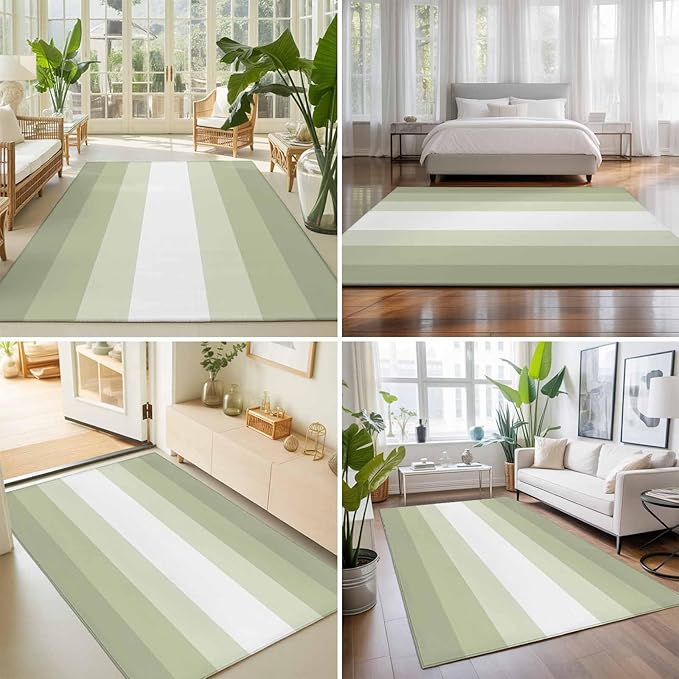 Area Rug 8x10ft, Modern Sage Green Gradient Style Washable Rugs for Living Room Bedroom, Farmhouse Ombre Stripe Soft Non-Slip Area Rugs Rectangle Floor Carpet for Dining Room