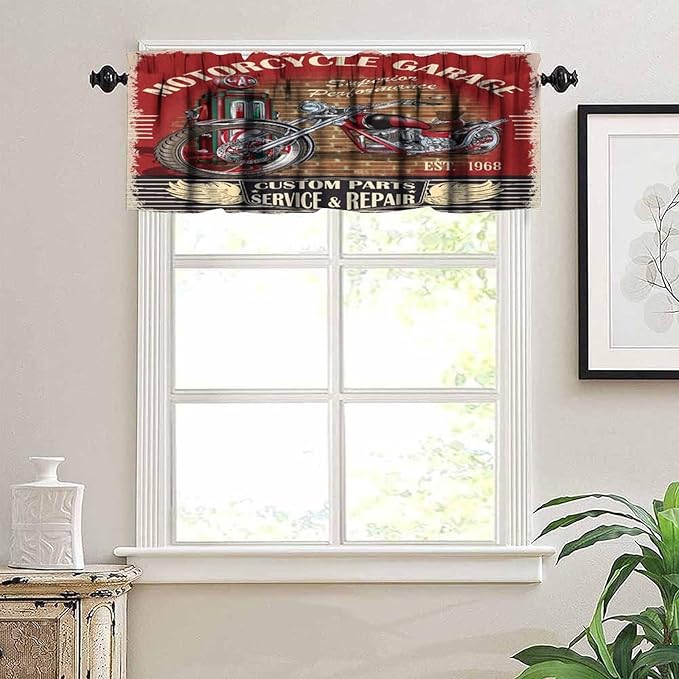 Vintage Motorcycle Valance Curtain Rustic Western Country Farmhouse Classic Motorcycle Rod Pocket Valance Window Treatments Short Curtains for Kitchen Bathroom Farmhouse 54x18inch
