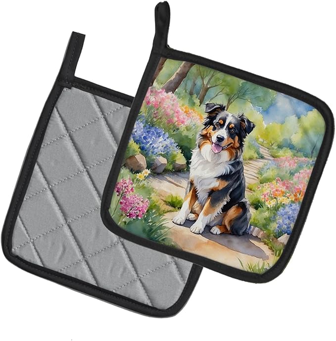 Caroline's Treasures Australian Shepherd Spring Garden Pair of Pot Holders Kitchen Heat Resistant Pot Holders Sets Oven Hot Pads for Cooking Baking BBQ, 7 1/2 x 7 1/2