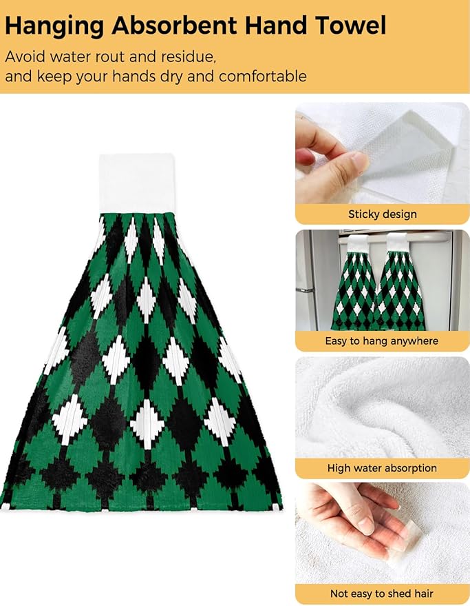 Alandar Home Kitchen Tie Towel Set of 1, Pastoral Style Rhombus Texture Absorbent Soft Hand Towels for Bathroom Hanging Towels, Green White and Black Fast Drying Cleaning Cloth with Loop