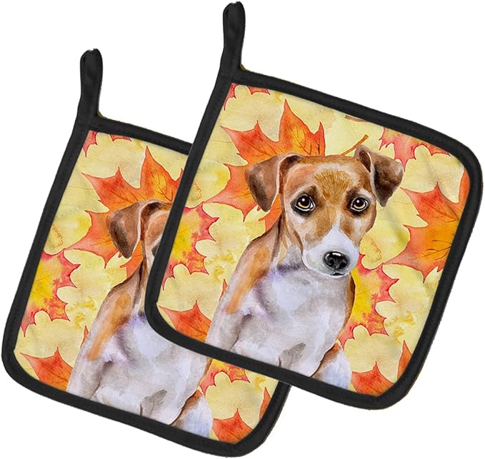 Caroline's Treasures BB9974PTHD Jack Russell Terrier #2 Fall Pair of Pot Holders, Yellow Kitchen Heat Resistant Pot Holders Sets Oven Hot Pads for Cooking Baking BBQ, 7 1/2 x 7 1/2