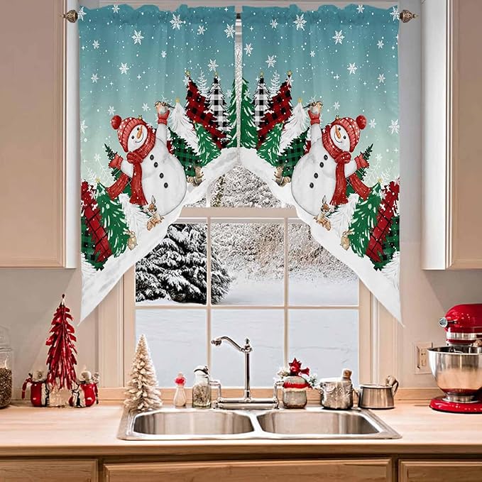 Christmas Snowman Swag Valance Curains Winter Xmas Tree Snowflakes Gradient Green Rod Pocket Kitchen Curtains Scalloped Window Treatment Valances Swag for Living Room Bedroom, 1 Pair, 36"W x 45"L