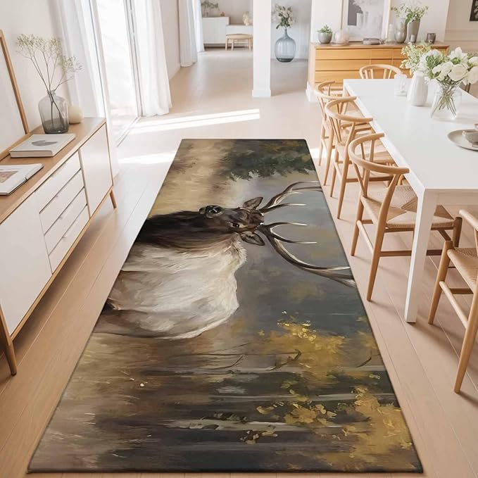 Runner Rug for Bedroom Hallway, Brown Animals Elk Kitchen Runner Rugs Area Rug 2x6ft, Retro Forest Landscape Washable Soft Floor Carpet for Entryway Stair