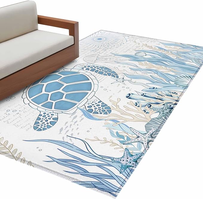 Area Rug 3x5ft, Blue Sea Turtles Stars Corals Washable Rugs for Living Room Bedroom, Vintage Marine Life Soft Non-Slip Area Rugs Rectangle Floor Carpet for Dining Room