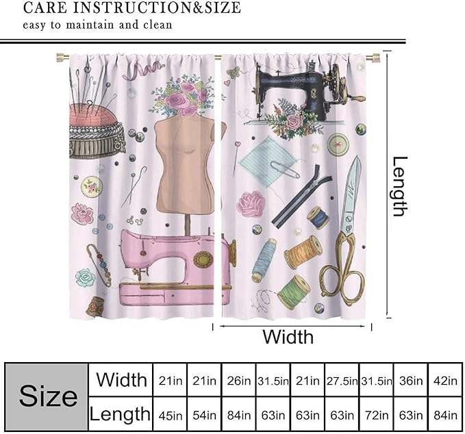 Fashion Blackout Curtain,Clothes Sewing Theme for Women Girls Watercolor Style Window Curtains Dining Room Kitchen Bedroom Living Room Office Nursery Drapes,55x63 in