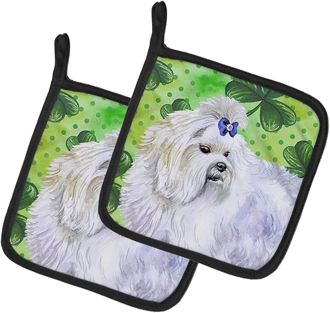 Caroline's Treasures BB9825PTHD Maltese St Patrick's Pair of Pot Holders, Green Kitchen Heat Resistant Pot Holders Sets Oven Hot Pads for Cooking Baking BBQ, 7 1/2 x 7 1/2