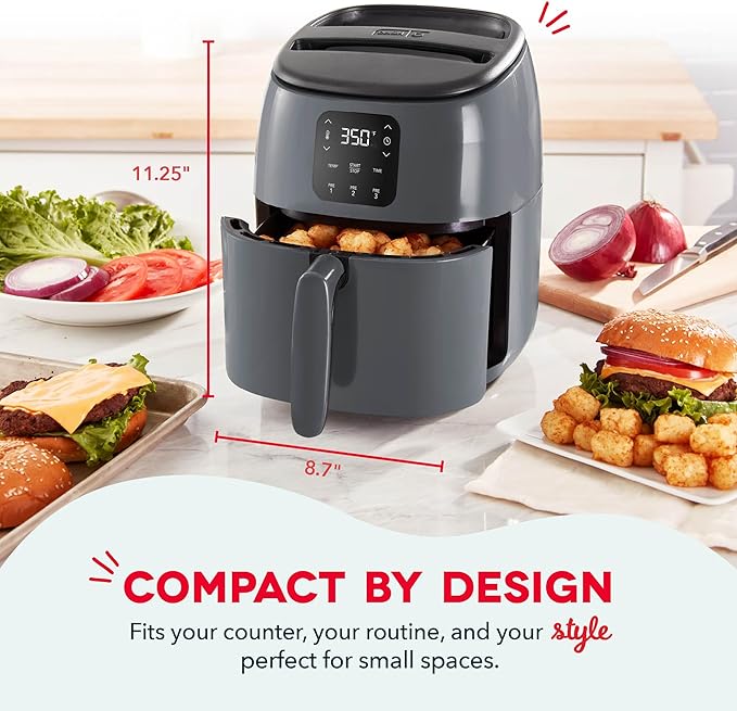 Dash Tasti-Crisp™ Digital Air Fryer – 2.6 Quart Small Compact Mini Air Fryer for French Fries, Nuggets & More, 1-2 People, Auto Shut Off, Adjustable Temp, Dishwasher Safe Parts - Grey
