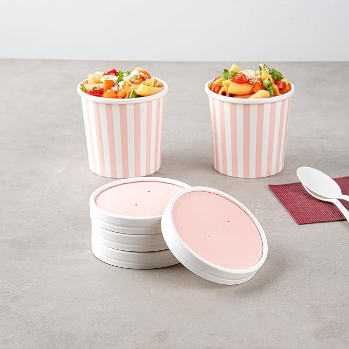 Restaurantware-LIDS ONLY: Soup Container Lids, 200 Disposable Bowl Covers For 12 Ounce Soup Containers - Containers Sold Separately, Vented, Pink And White Container Lid, Striped, Round,