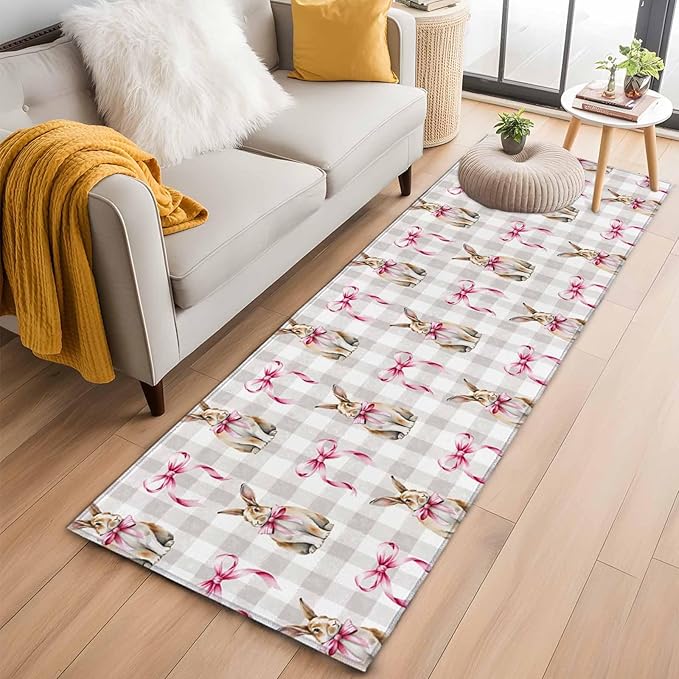Runner Rug for Bedroom Hallway, Easter Rabbit Pink Bow Kitchen Runner Rugs Area Rug 2x6ft, Seamless Bunny Gray Buffalo Plaid Washable Soft Floor Carpet for Entryway Stair