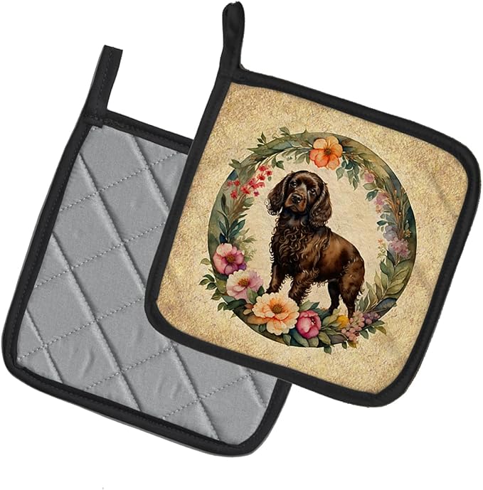 Caroline's Treasures Boykin Spaniel and Flowers Pair of Pot Holders Kitchen Heat Resistant Pot Holders Sets Oven Hot Pads for Cooking Baking BBQ, 7 1/2 x 7 1/2