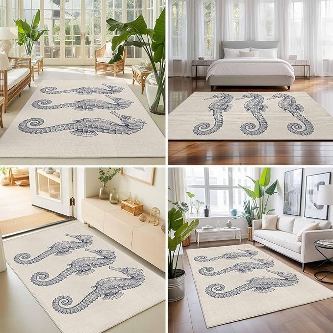 Area Rug 3x5ft, Marine Life Seahorse on Burlap Washable Rugs for Living Room Bedroom, Farmhouse Ocean Theme Soft Non-Slip Area Rugs Rectangle Floor Carpet for Dining Room