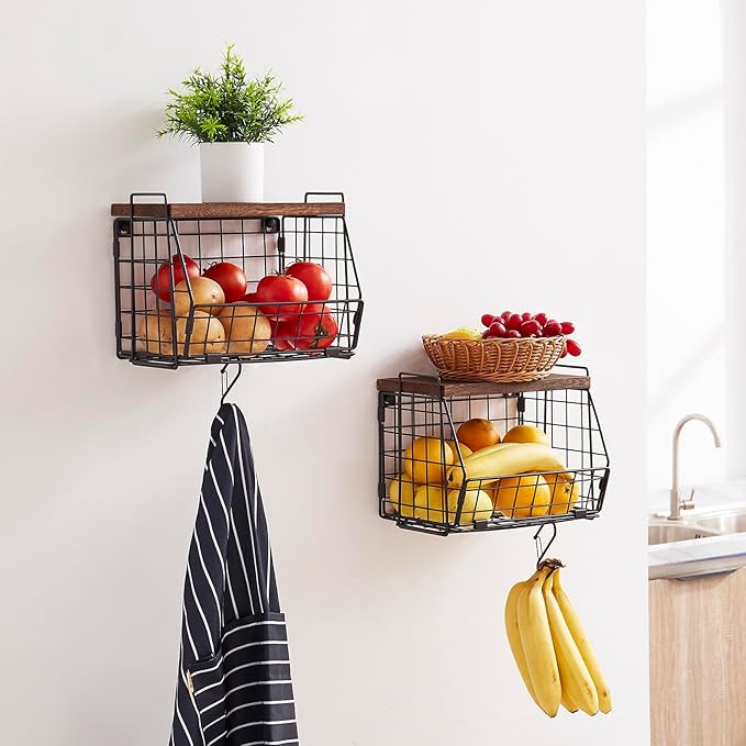 Wall Storage Hanging Baskets 2 PACK - Wooden Top Wire Basket Organizers & S Hooks - Assemble Floating Shelf Racks for Pantry Kitchen Office Bathroom Garage Organization (Large)