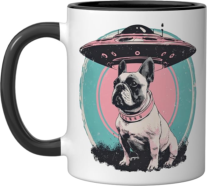 Retro UFO French Bulldog Alien Sci Fi Space Ceramic Mug, Black/White