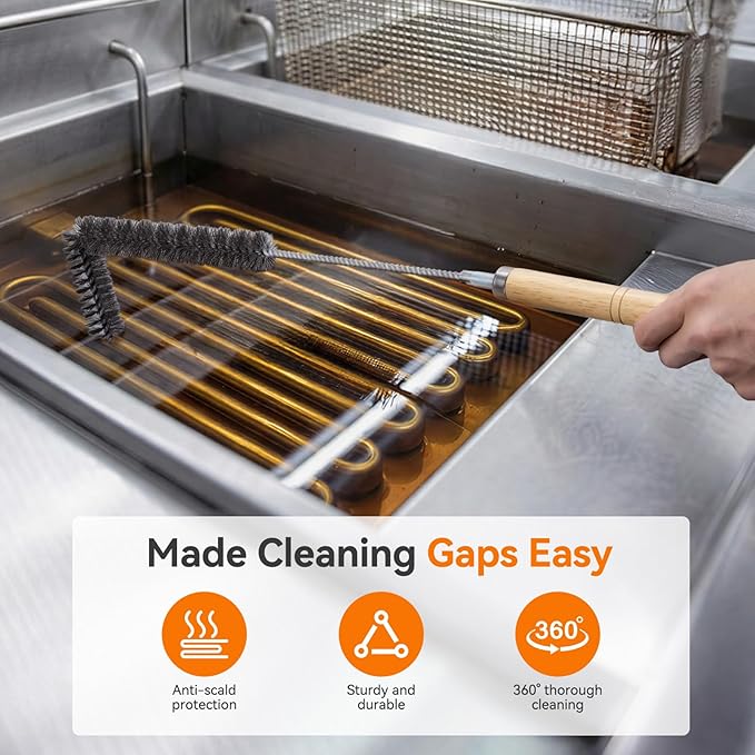 Fryer Cleaning Tools, 3 PCS Stainless Steel Deep Fryer Cleaning Tools, with Deep Fryer L-Shaped Brush, Long Handle Basket Brush and Fryer Cleanout Rod for Restaurants (Stainless Steel, Sliver)