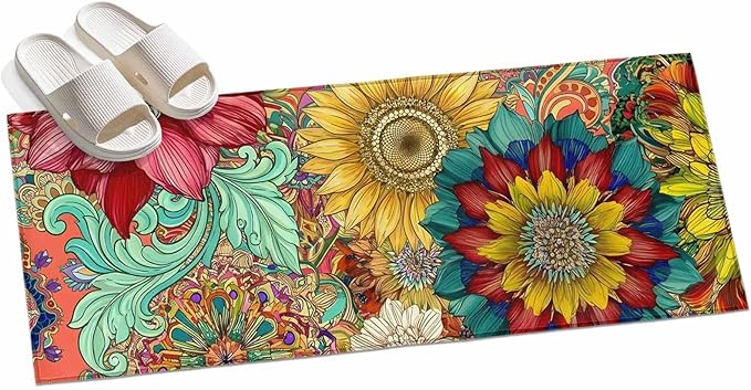 Runner Rug for Bedroom Hallway, Boho Colorful Blossom Flower Kitchen Runner Rugs Area Rug 2x6ft, Country Retro Ethnic Floral Washable Soft Floor Carpet for Entryway Stair