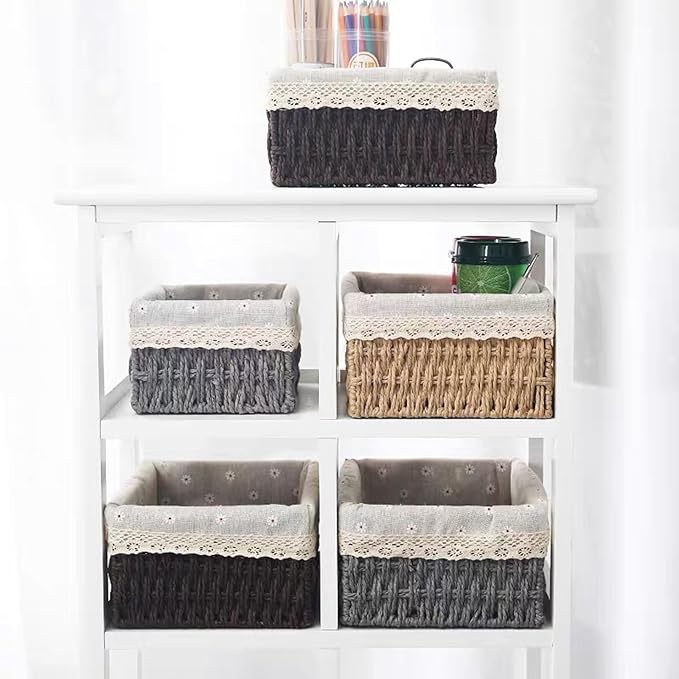 Wicker Baskets for Organizing,Natural Paper Rope Large Small Basket Set with Liner,Hand Woven Pantry Organizer & Storage for Women Girls Bathroom Living Room School Desk Shelves Décor(3 Pack Grey)